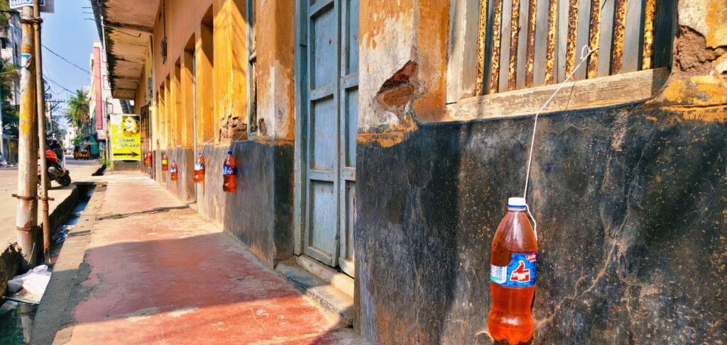 To get rid of the menace of street dogs. Bottles hanging in front of every house