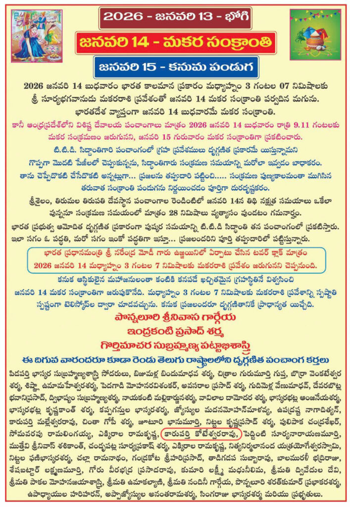 Dates for Bhogi, Makara Sankranti and Kanuma festivals